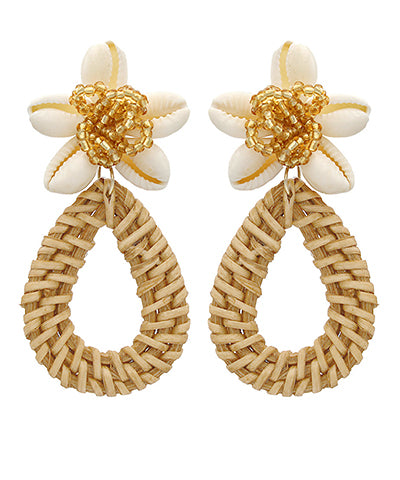 Rattan Teardrop and Shell Flower Earrings