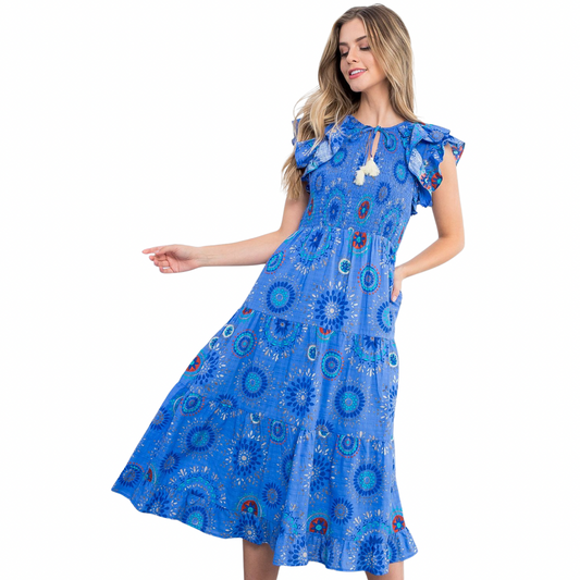 Ruffle Sleeve Smocked Midi Dress