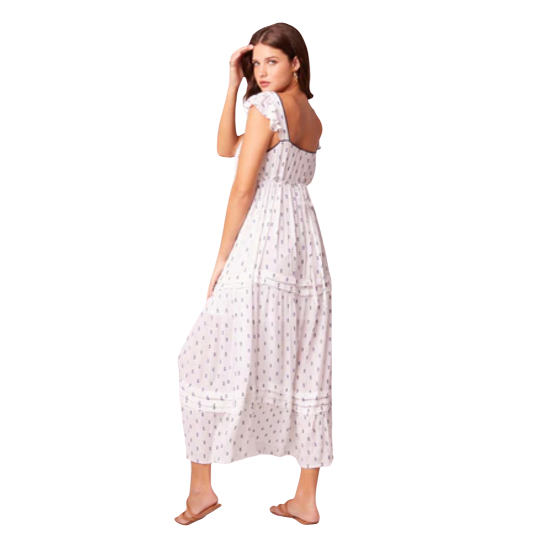 White and Navy Dot Ruffle Dress