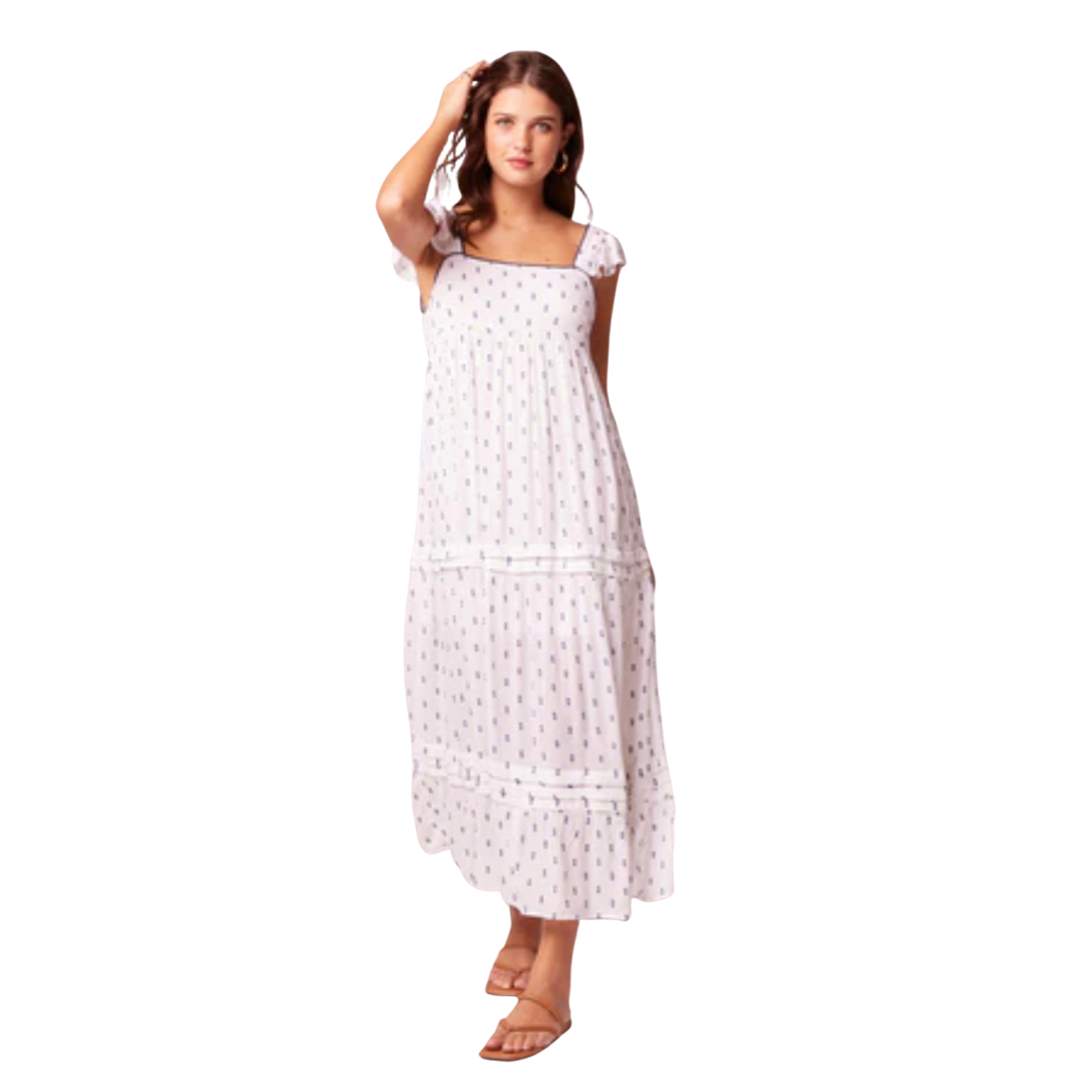 White and Navy Dot Ruffle Dress