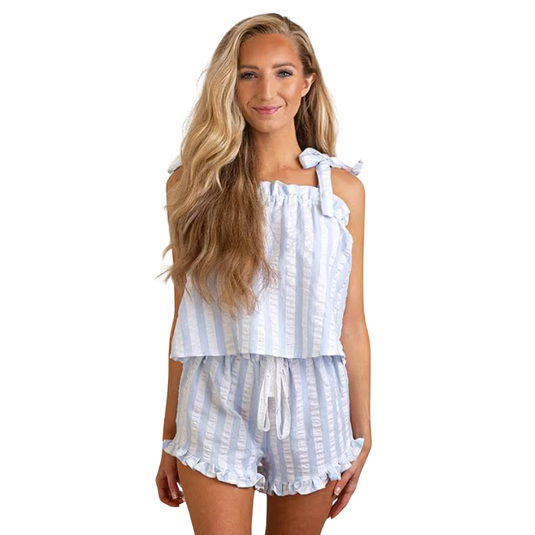 Sleeveless Tie Top Woven Striped Shorty Pajama Set